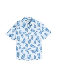 Camicia a maniche corte con bottoni in tessuto blu chiaro con un motivo di foglie in blu scuro; presenta bottoni in legno e una tasca sul petto.