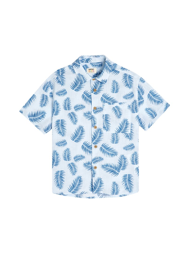 Camicia a maniche corte con bottoni in tessuto blu chiaro con un motivo di foglie in blu scuro; presenta bottoni in legno e una tasca sul petto.