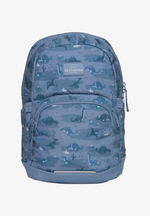 Zaino blu per bambini con motivi di dinosauro, tasca frontale con cerniera e patch con il logo del marchio Beckmann.