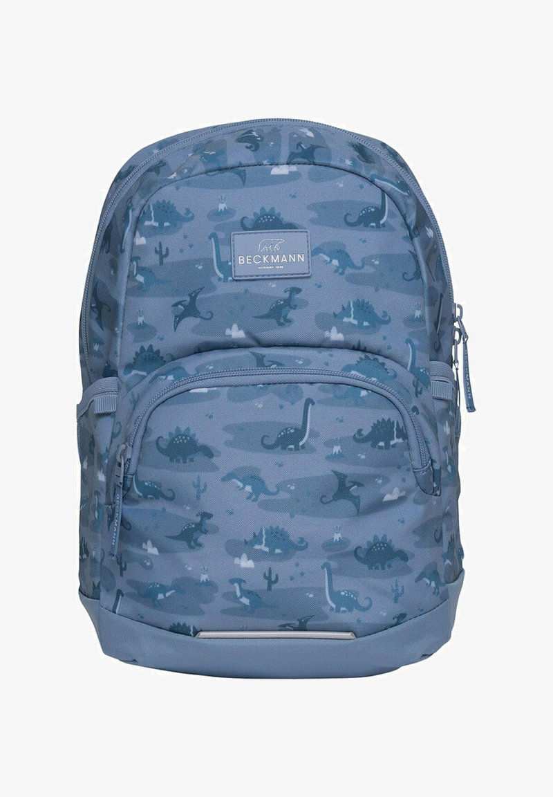 Sac à dos pour enfants bleu avec motifs de dinosaures, poche avant zippée et écusson du logo de la marque Beckmann.
