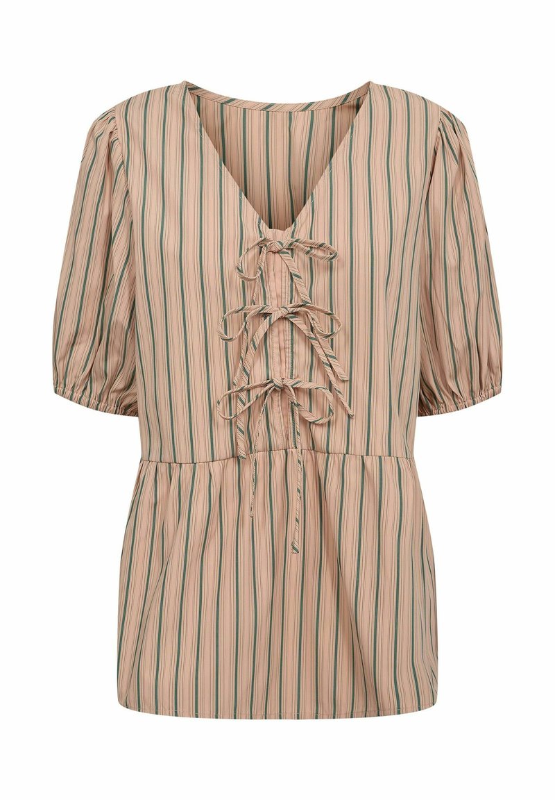 Blouse pêche avec des rayures vertes verticales, col en V et manches courtes bouffantes. Dotée d'un détail laçage à l'avant et d'une taille froncée pour une coupe décontractée.