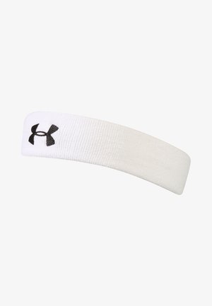 Biała opaska na głowę wykonana z teksturowanej tkaniny, z czarnym logo Under Armour z jednej strony. Prosty, szeroki design do sportowego użytku.