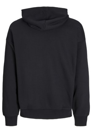 Črna jopa s kapuco z dolgimi rokavi, rebrastimi zapestniki in spodnjim robom, prikazana od zadaj, s šivano kapuco brez vidnih oblikovnih elementov.