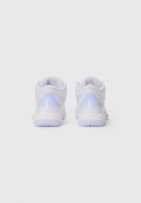 White athletic shoes with a smooth, lightweight design. Features a gradient blue accent, textured mesh upper, and rubber outsole.