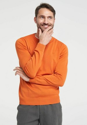 Orange strikketrøje med rund halsudskæring og ribbede manchetter. Letvægtsstof, glat tekstur, parret med grå bukser. Ingen synlige mønstre.