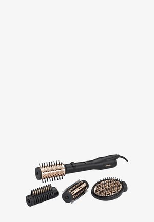 Ensemble d'outils de coiffure comprenant un manche noir avec des accents dorés, des embouts de brosse cylindriques et une brosse ronde pour démêler.