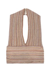 Knit sleeveless top with a deep V-neckline, featuring horizontal stripes in shades of beige, brown, and pink, with a textured finish.