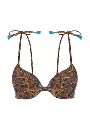 Biustonosz bikini z wzorzystym deseniem w brązowe, czarne i turkusowe akcenty. Zawiązywany na ramionach z turkusowymi frędzlami.