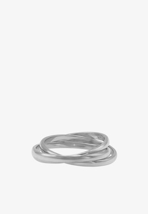 Silberner Metallring mit ineinander verschlungenen Schleifen, glatter Oberfläche, polierter Optik und einem klaren Design ohne sichtbare Verzierungen.