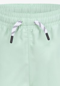 Lichtgroene zwembroek met een elastische tailleband, voorzien van een wit trekkoord met zwarte accenten en een gladde, licht glanzende stoftextuur.