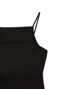 Abito nero senza maniche con spalline sottili, caratterizzato da un colletto strutturato e una vita aderente. Il tessuto appare liscio con dettagli di cucitura minimi.