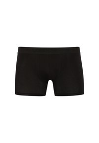 Black cotton boxer shorts with a logoed waistband, featuring a snug fit, smooth texture, and reinforced stitching for durability.