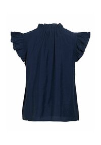 Blouse sans manches bleu marine avec manches à volants et col montant froncé sur fond blanc.