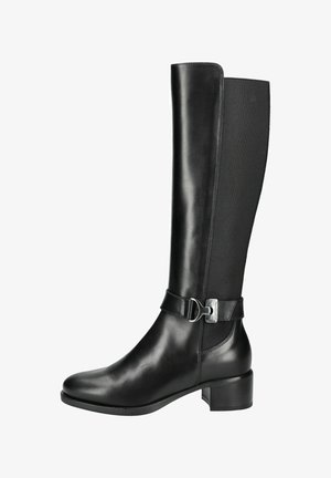 Bottes en cuir noir jusqu'aux genoux avec des côtés élastiques, des bouts arrondis, des talons moyens et une boucle métallique décorative.