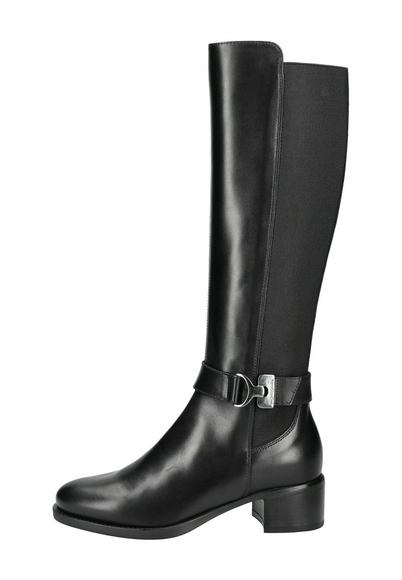 Bottes en cuir noir jusqu'aux genoux avec des côtés élastiques, des bouts arrondis, des talons moyens et une boucle métallique décorative.