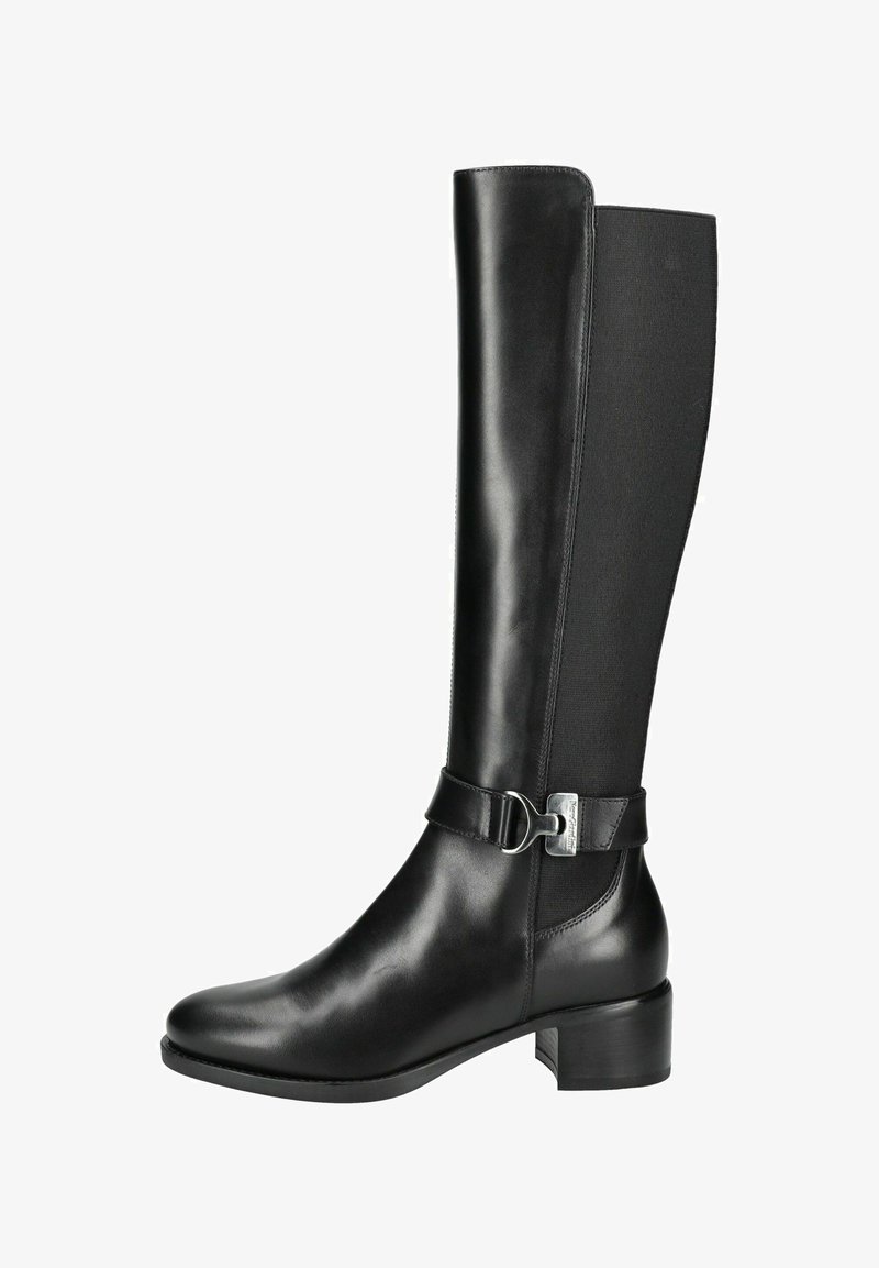 Knee-high black leather boots with elastic sides, rounded toes, modest block heels, and a decorative metallic buckle accent.