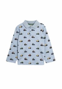 Graues Langarm-Poloshirt mit einem verspielten Traktor-Muster in verschiedenen Farben. Weicher Stoff mit klassischem Kragen und Knopfleiste.