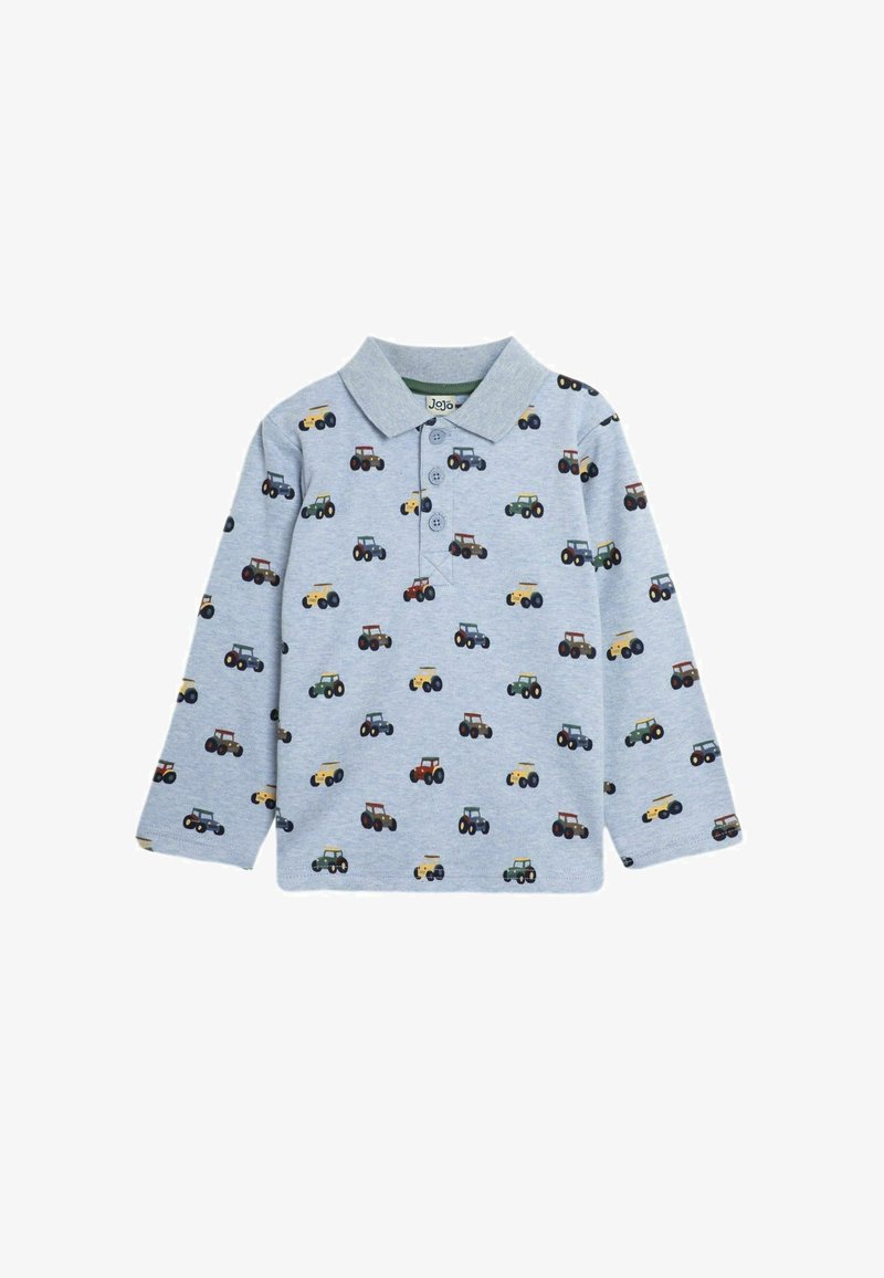 Szürke, hosszú ujjas polo felső, játékos traktor mintával, különböző színekben. Puha anyag, klasszikus gallérral és gombos záródással.