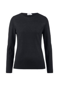 Schwarzes Langarmshirt aus einem glatten, leichten Stoff. Hat einen runden Ausschnitt und eine enganliegende Passform, ohne Muster oder Verzierung.
