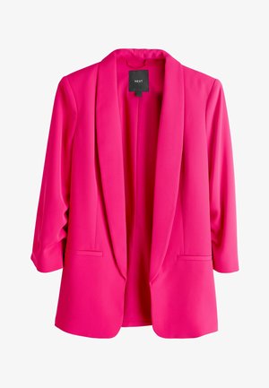 Różowy blezer o gładkiej fakturze, z otwartym przodem, kołnierzem szalowym i rękawami do łokcia. Posiada dwie przednie kieszenie oraz firmową metkę wewnątrz.