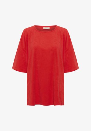 Rød, kortærmet skjorte lavet af blødt, fløjlsagtigt stof. Har en rund halsudskæring og løs pasform med en glat tekstur.