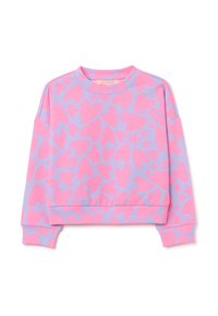 Sudadera rosa y morada con un patrón de corazones y estrellas, cuello redondo, mangas largas y puños y dobladillo acanalados.