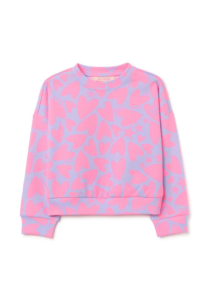 Sudadera rosa y morada con un patrón de corazones y estrellas, cuello redondo, mangas largas y puños y dobladillo acanalados.