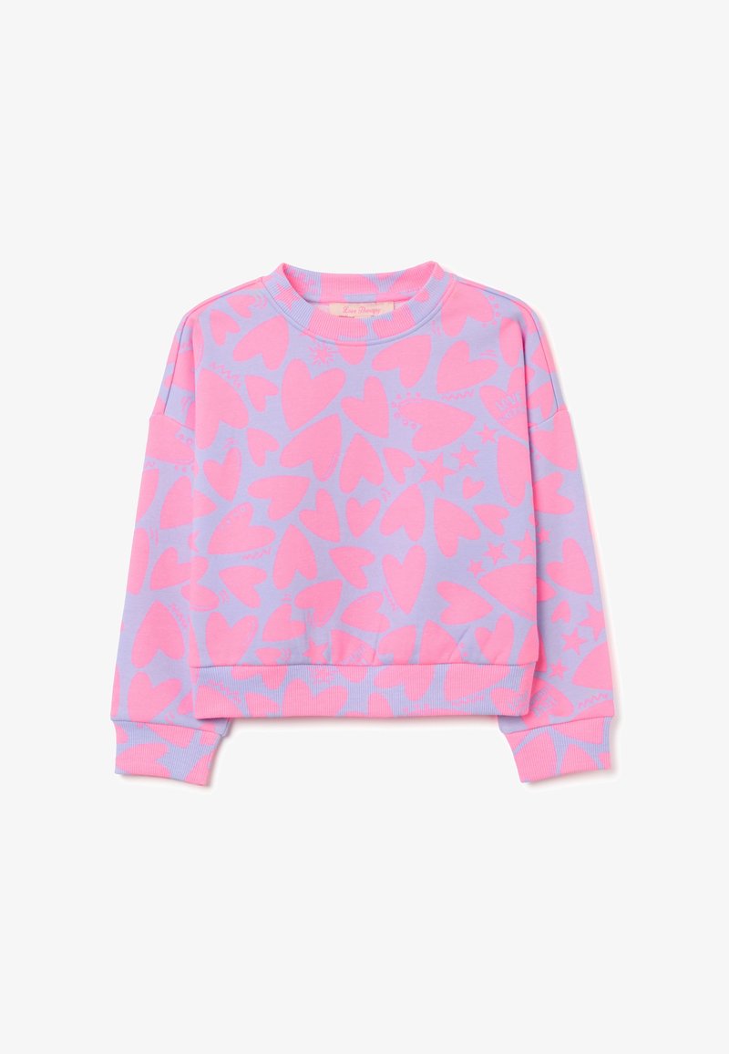 Sudadera rosa y morada con un patrón de corazones y estrellas, cuello redondo, mangas largas y puños y dobladillo acanalados.