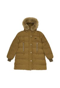 Chaqueta acolchada verde oliva con capucha de piel sintética, con bolsillos con cremallera, botones de presión y puños acanalados. Textura suave y acolchada.