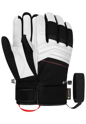 Black and white insulated winter gloves with padded knuckles, wrist straps, and Gore-Tex label for waterproof protection.