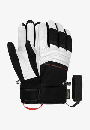 Black and white insulated winter gloves with padded knuckles, wrist straps, and Gore-Tex label for waterproof protection.