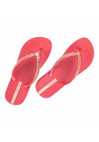 Infradito rosa con una soletta testurizzata e cinturini in metallizzato oro con un motivo rettile. Logo del marchio stampato sulla soletta.