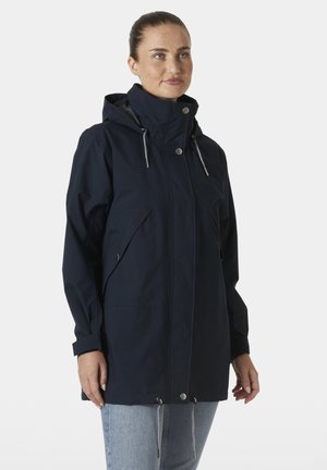 Navy blue waterproof jacket with a hood, adjustable drawstrings, two front pockets, zippered closure, and a relaxed fit.