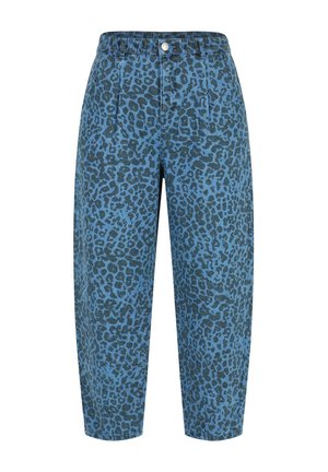 Blue high-waisted pants with black leopard print, front button and zipper, belt loops, and a tapered leg design.