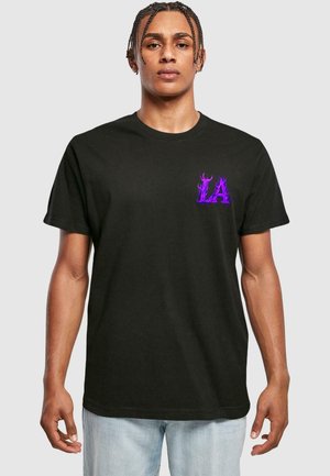 Black short-sleeve T-shirt made of cotton, featuring a purple flame design with "LA" on the left chest area. Classic crew neck style.