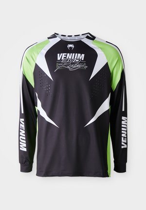 Black, white, and neon green long-sleeve sports shirt with "Venum" and snake logo, and perforated ventilation on the front chest area.