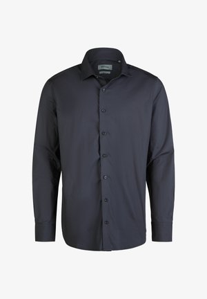 Donkerblauwe overhemdbloes met een gladde textuur, lange mouwen, puntige kraag en zes bijpassende knopen aan de voorkant.