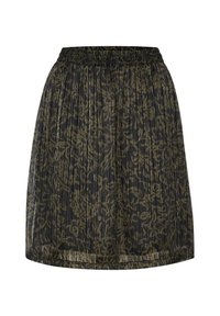 Jupe plissée noire et verte olive avec motif floral. Taille élastique et tissu léger, semi-transparent.