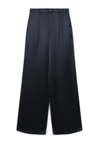 Marineblaue, weit geschnittene Hose mit Gürtelschlaufen, einem vorderen Knopf, Reißverschluss und seitlichen Taschen auf weißem Hintergrund.