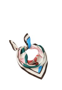 Siidist sall, millel on ruudukujuline kuju ja mitmevärvilised abstraktsed mustrid sinises, rohelises, roosas ja pruunis, lõpetatud kontrastse äärega.