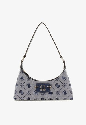Borsa a tracolla in stile hobo in tessuto blu navy con un motivo a diamante, dotata di una placca con logo e di una tracolla liscia. Superficie texturizzata.