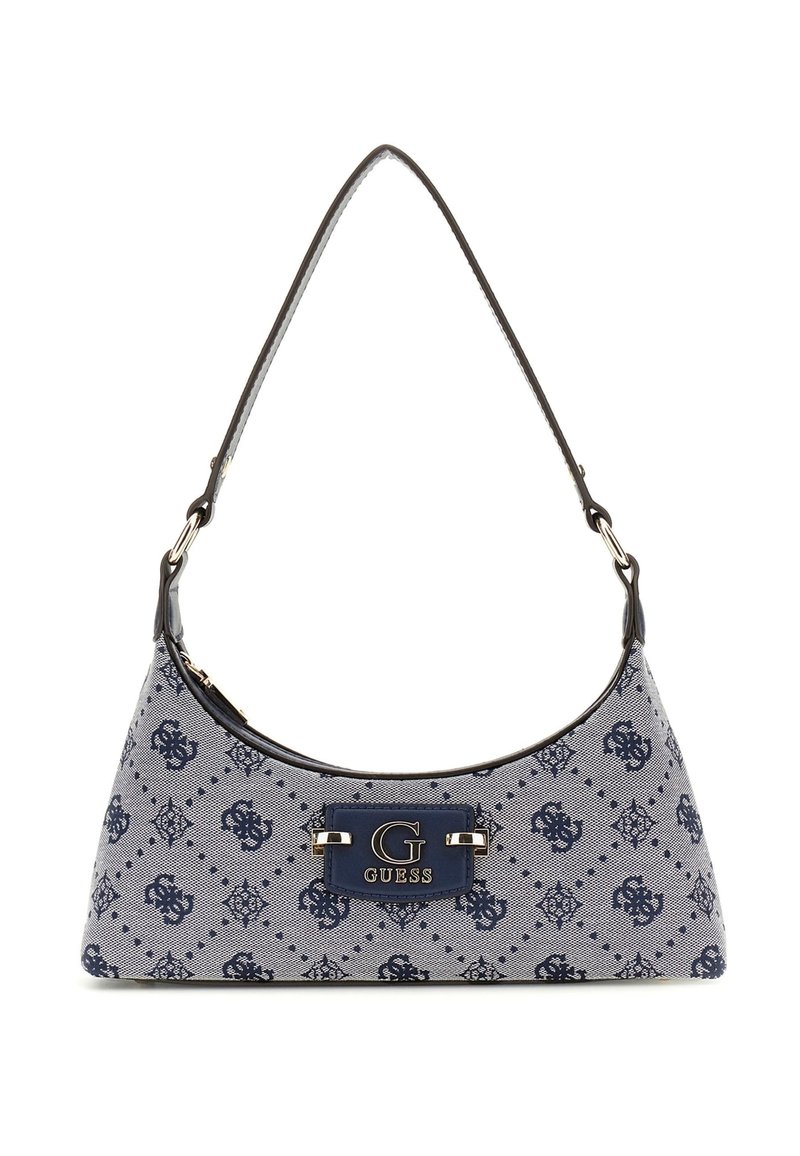 Hobo-style handbag in navy blue fabric with a diamond pattern, featuring a logo plaque and a smooth shoulder strap. Textured surface.