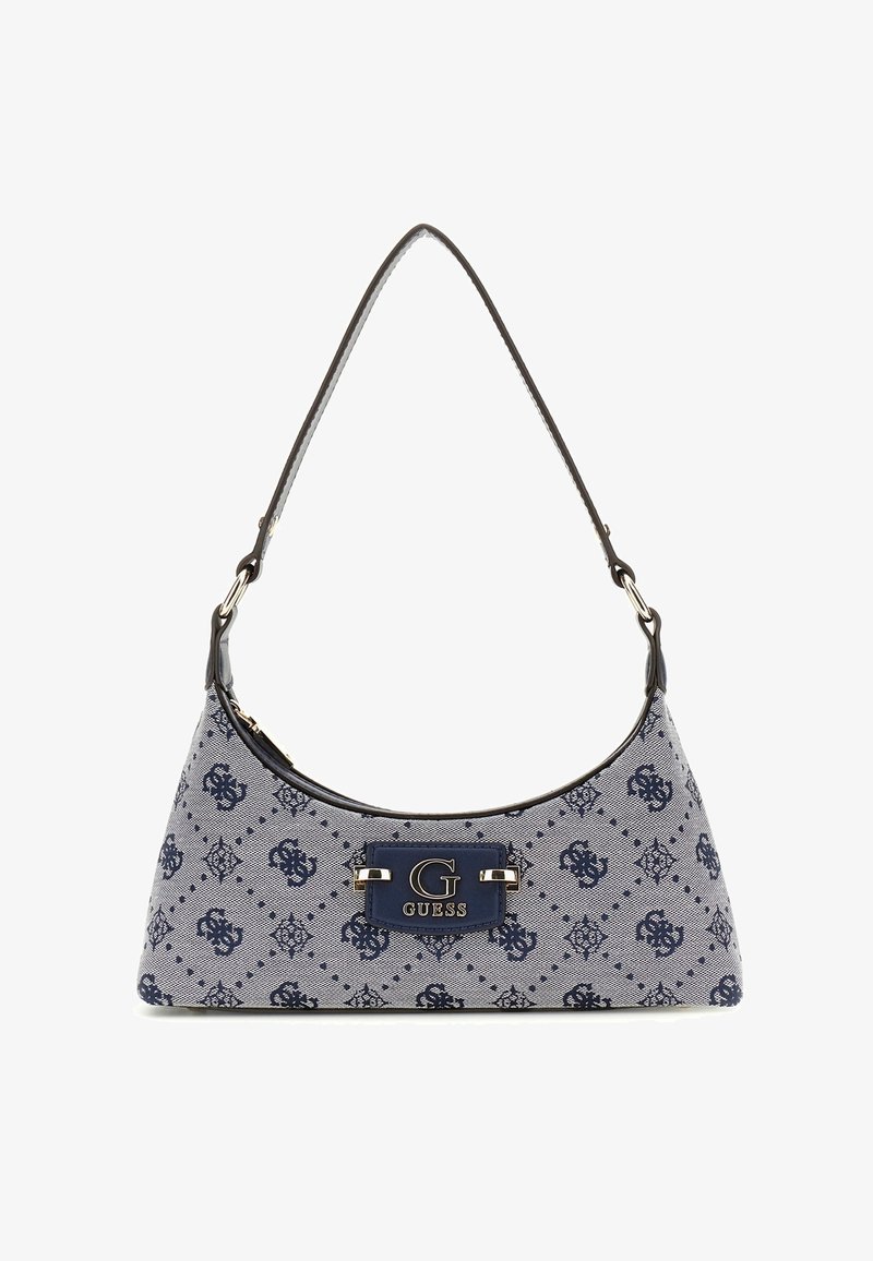 Bolso estilo hobo en tela azul marino con un patrón de diamantes, que cuenta con una placa de logo y una correa de hombro suave. Superficie texturizada.