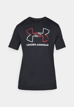 Fekete rövid ujjú póló, könnyű anyagból készült, elöl egy nagy piros és fehér Under Armour logóval.