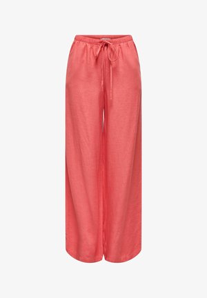 Spodnie o szerokich nogawkach w kolorze koralowym, z elastycznym pasem i regulowanym troczkiem, wykonane z lekkiej tkaniny.