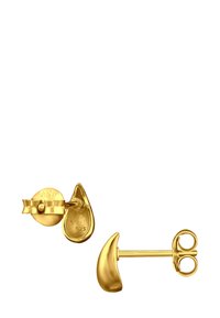 Gouden oorbellen met een druppelontwerp en een gladde textuur, bevestigd met een ronde achterkant met een strikdetail.
