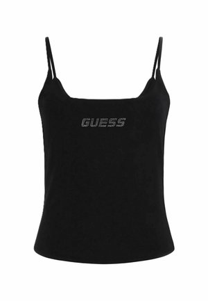 Top nero con spalline sottili, scollo quadrato e logo "GUESS" in piccoli cristalli centrato sul petto.