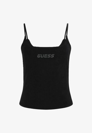 Top nero con spalline sottili, scollo quadrato e logo "GUESS" in piccoli cristalli centrato sul petto.