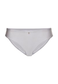 Light gray bikini brief with a ribbed texture and a small decorative accent at the center front. Features elastic waistband and seams.