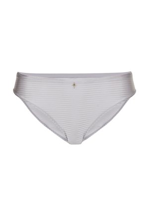 Light gray bikini brief with a ribbed texture and a small decorative accent at the center front. Features elastic waistband and seams.